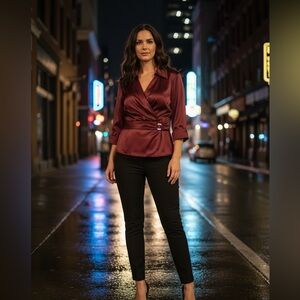 R&M Richards Burgundy Satin Wrap Blouse - Women